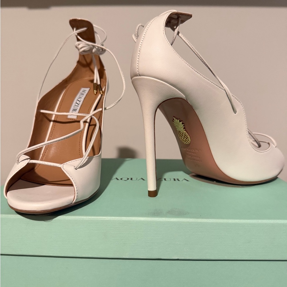 Aquazzura White Lace-Up Open-Toe Stiletto Heels